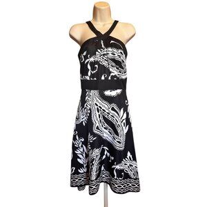 White House Black Market Halter Dress Sz 4 Fit & Flare Black White Paisley Party
